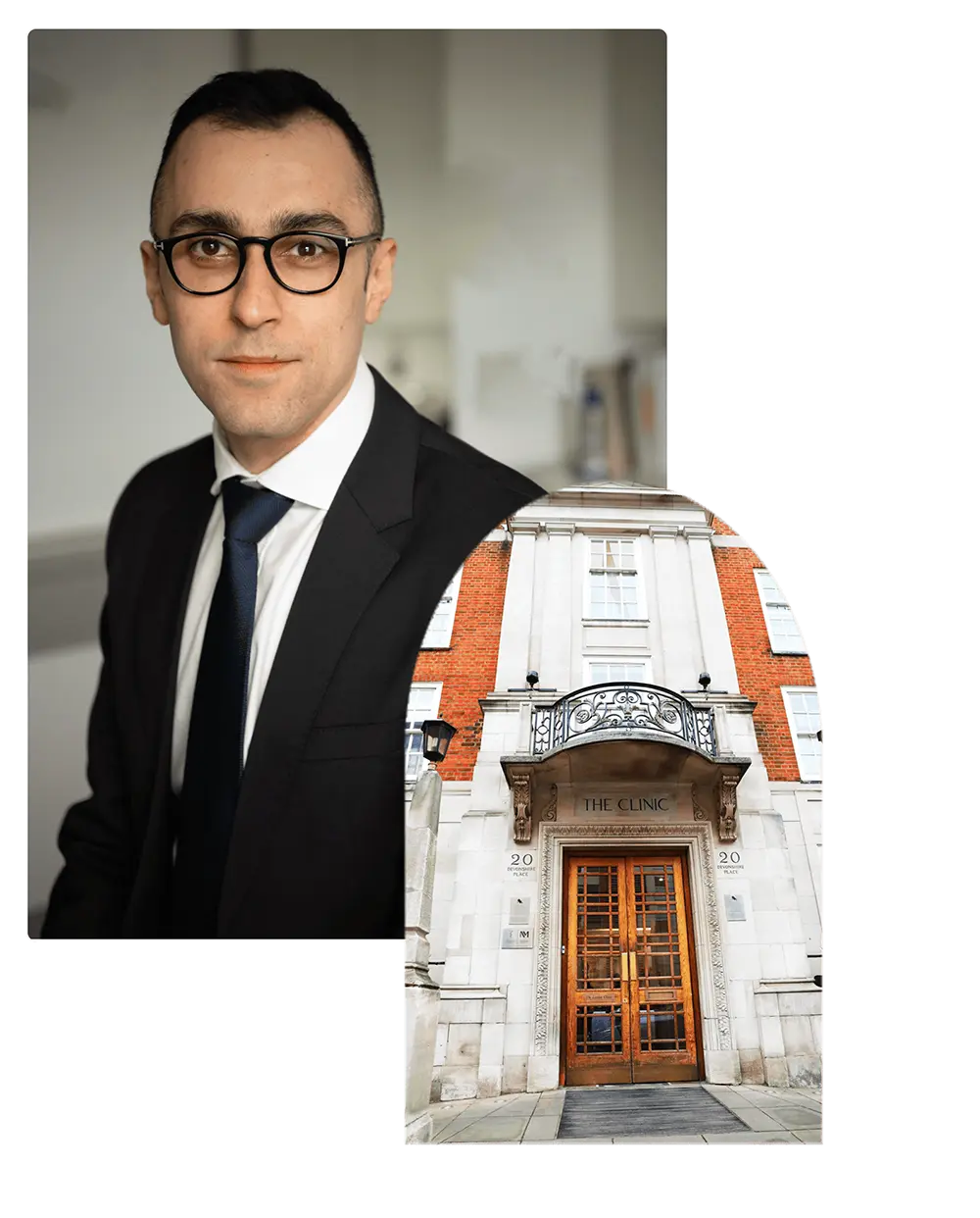 Portrait of Dr Amir Sadri and The London Clinic entrance